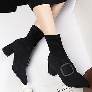 Chunky-heel Belted Pointy-toe Short Boots