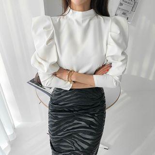 Mockneck Puff-shoulder Blouse