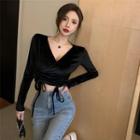 Long-sleeve Drawstring Velvet Crop Top Black - One Size