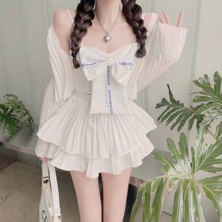 Lettering Bow Camisole Top / Pleated A-line Skirt / Cardigan