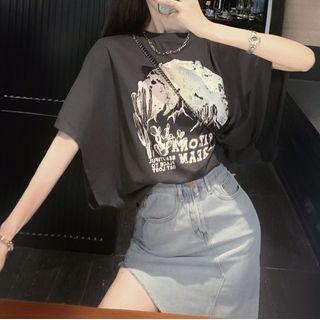 Batwing-sleeve Print T-shirt / Asymmetrical Denim Pencil Skirt