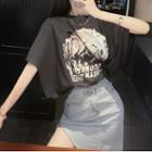 Batwing-sleeve Print T-shirt / Asymmetrical Denim Pencil Skirt