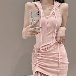 Sleeveless Hooded Open Back Mini Sheath Dress