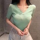 Square Neck Elbow-sleeve Knit Top