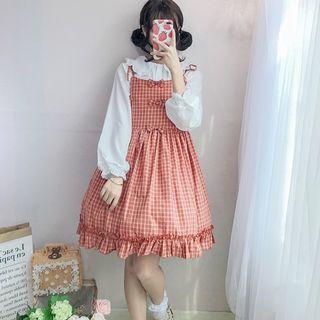 Frilled Peter Pan Collar Blouse / Spaghetti Strap Plaid Dress