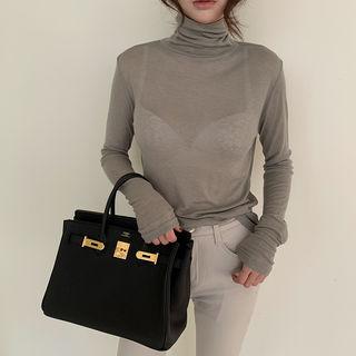 Turtleneck Wool Blend Sheer Slim Top