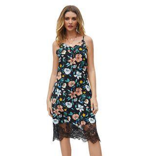 Floral Spaghetti Strap Lace Panel Midi A-line Dress