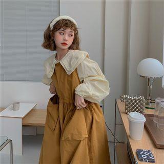 Long-sleeve Wide-collar Blouse / Drawstring-waist Midi A-line Overall Dress