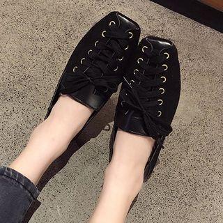 Lace Up Faux Suede Square Toe Flats