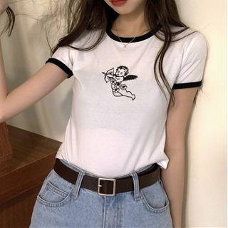 Short-sleeve Angel Print T-shirt / Plain Cardigan