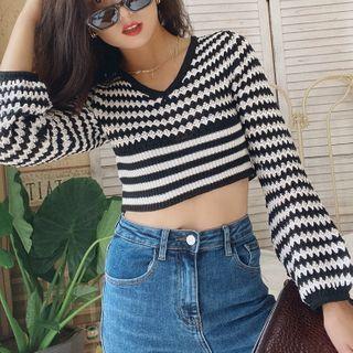 Color-block V-neck Long-sleeve Knit Top As Shown In Figure - One Size