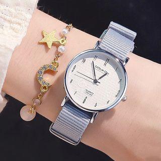 Set: Canvas Strap Watch + Moon & Star Bracelet