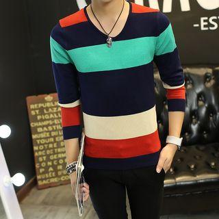 Long-sleeve V-neck Color Block Sweater