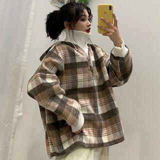 Mock Two-piece Plaid Knit Hoodie