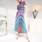 Short-sleeve Mock-neck Top / Print Maxi A-line Skirt (various Designs)