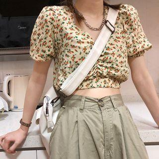 V-neck Floral Short-sleeve Top Almond - One Size