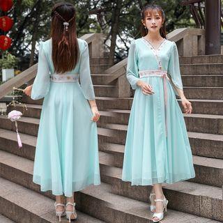 Lace Trim Flower Embroidered A-line Maxi Chiffon Dress