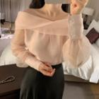 Plain Off-shoulder Long-sleeve Mesh Top