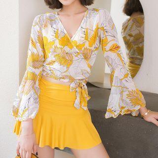 Set: Wrap Bikini Top + Swim Skirt + Leaf Print Cover Up