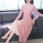 Lace Long Sleeve Mandarin Collar Midi Dress