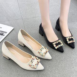 Pointed Block Heel Floral Embellished Pumps