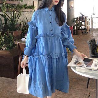 Long-sleeve Midi Crinkled Dress
