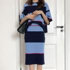 Set: Striped Short-sleeve Collar Knit Top + Pencil Skirt