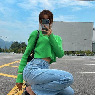 Padded-shoulder Knit Crop Top