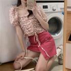 Flower Print Short-sleeve Blouse / Pocket Detail Mini A-line Skirt