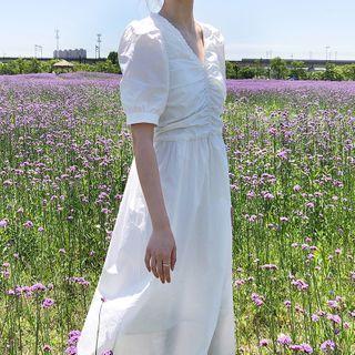 Plain Puff-sleeve V-neck Shirred Midi A-line Dress