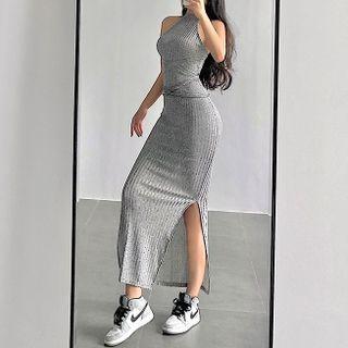 Halter-neck Ribbed Midi Sheath Dress