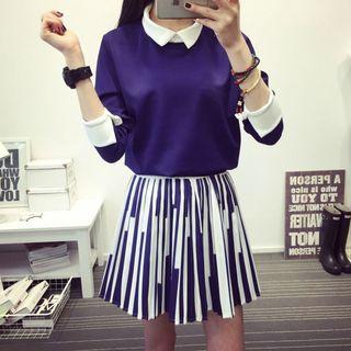 Set: Blouse + Color-block Pleated Skirt