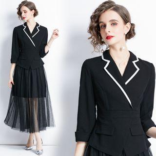 Elbow-sleeve Open-collar Mesh Overlay Midi A-line Dress