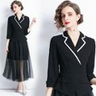 Elbow-sleeve Open-collar Mesh Overlay Midi A-line Dress
