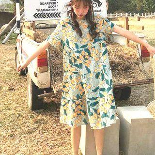 Short-sleeve Floral Printed Dress Green - One Size