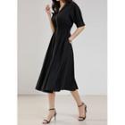 V-neck Tulle-trim Zip-up Midi Dress