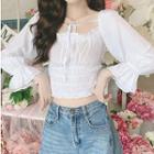 Ruffled Flared-cuff Shirred Cropped Blouse White - One Size