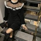 Long-sleeve Mesh Panel Corduroy Mini Dress Black - One Size