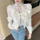 Long-sleeve Bow-front Lace Blouse White - One Size