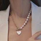 Heart Pendant Faux Pearl Necklace 1pc - White & Gold - One Size