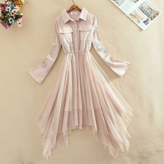 Mesh Panel Long-sleeve A-line Collared Dress