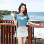 Set: Color Block Bikini + T-shirt + Skirt