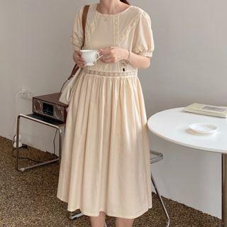 Puff Sleeve Eyelet Lace Panel Dress