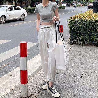 Short-sleeve Side-zip Cropped T-shirt / High-waist Lettering Cargo Pants