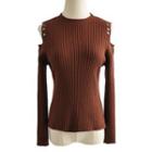 Cutout Shoulder Grommet Ribbed Knit Top Coffee - One Size
