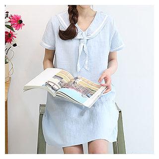 Sailor-collar Contrast-trim Linen Shift Dress