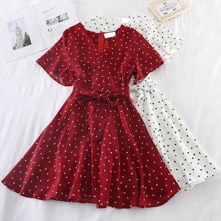 Heart Print V-neck Short-sleeve Dress