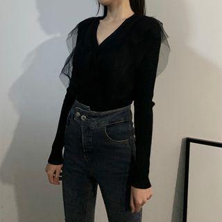 Sheer Panel V-neck Knit Top Black - One Size