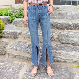 Button-detail Slit-hem Boot-cut Jeans