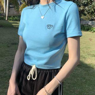 Short-sleeve Plain Tiger Embroidered Slim Fit T-shirt